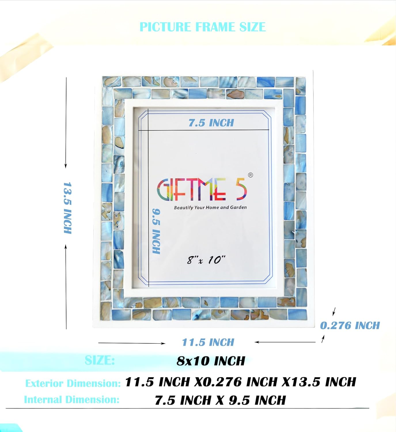 Silver Plate Picture Frame 5x7 Mother of Pearl 5 by 7 Photo Frame Mosaic Glass Tabletop Frame (Grey+ White,1pc)