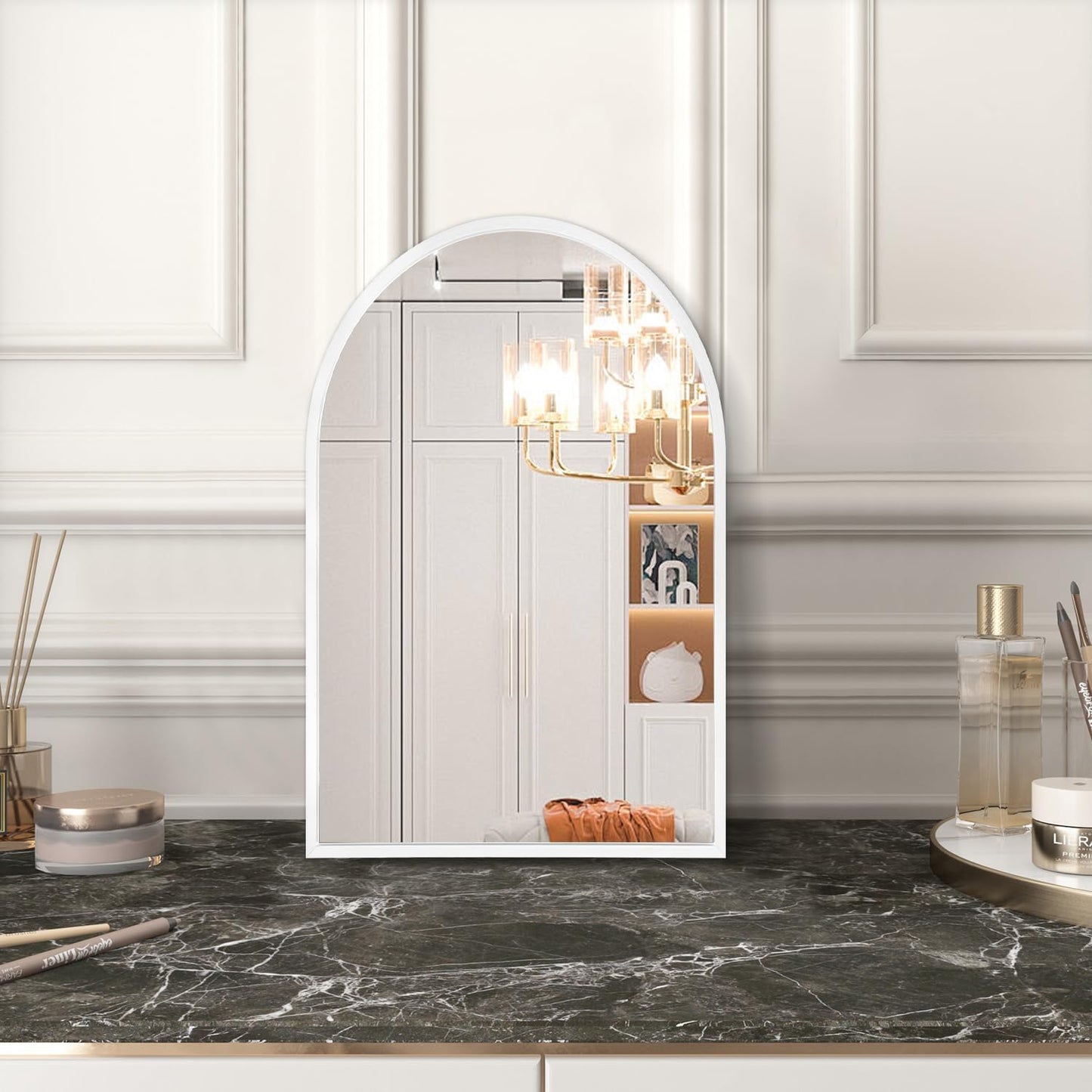 Black Arched Wall Mirror Aluminum Alloy Frame Bathroom Mirror Brushed Metal Vanity Wall Mounted Mirror for LivingRoom Bedroom Entryway Room Home Decor 16"x12"