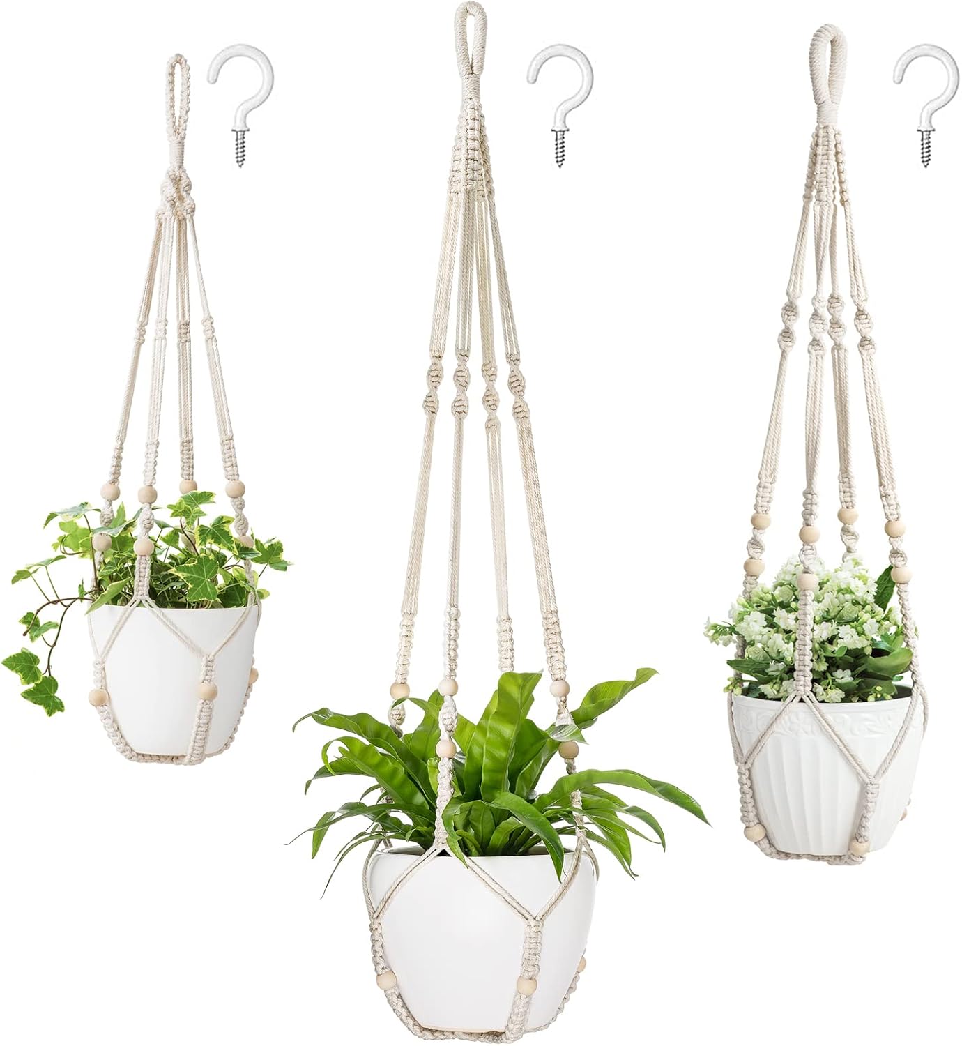 Mkono 3 Pack Macrame Plant Hangers Indoor Different Size Hanging Planter Basket Flower Pot Holder with Beads No Tassels 35"/29"/23", Medium, Brown