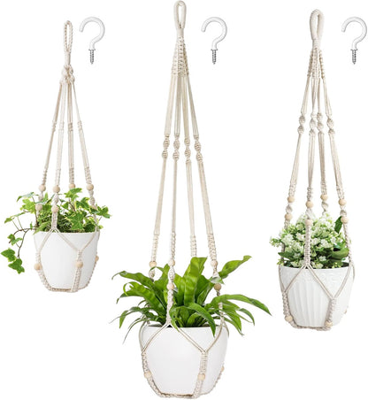 Mkono 3 Pack Macrame Plant Hangers Indoor Different Size Hanging Planter Basket Flower Pot Holder with Beads No Tassels 35"/29"/23", Medium, Brown
