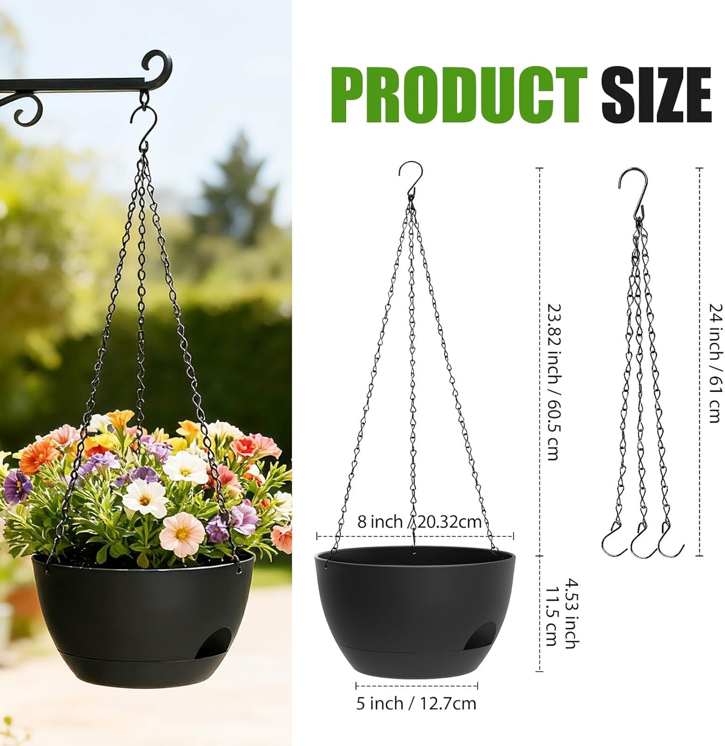 8 Inch Hanging Planters for Indoor Outdoor Plants, 4 Pack Black Plastic Self Watering Hanging Baskets with Drainage Holes and Chain for Garden Porch