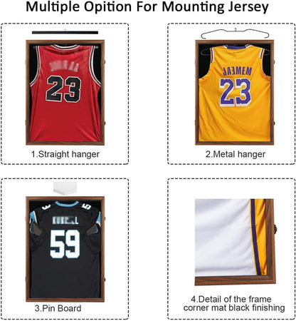 Large Lockable Jersey Frame Display Case Wall Mount, T-Shirt Shadow Box with Clear UV-Protective Acrylic, Hangers Linen Backing for Football, Basketball, Baseball