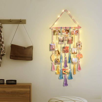 Homecor Hanging Photo Display Wall Decor, Macrame Wall Hanging Boho Room Bedroom Decor, Picture Frame Collage Board with Light 30 Clip, Christmas Teenage Teen Girl Gifts Ages 10 11 12 13 14 Years Old