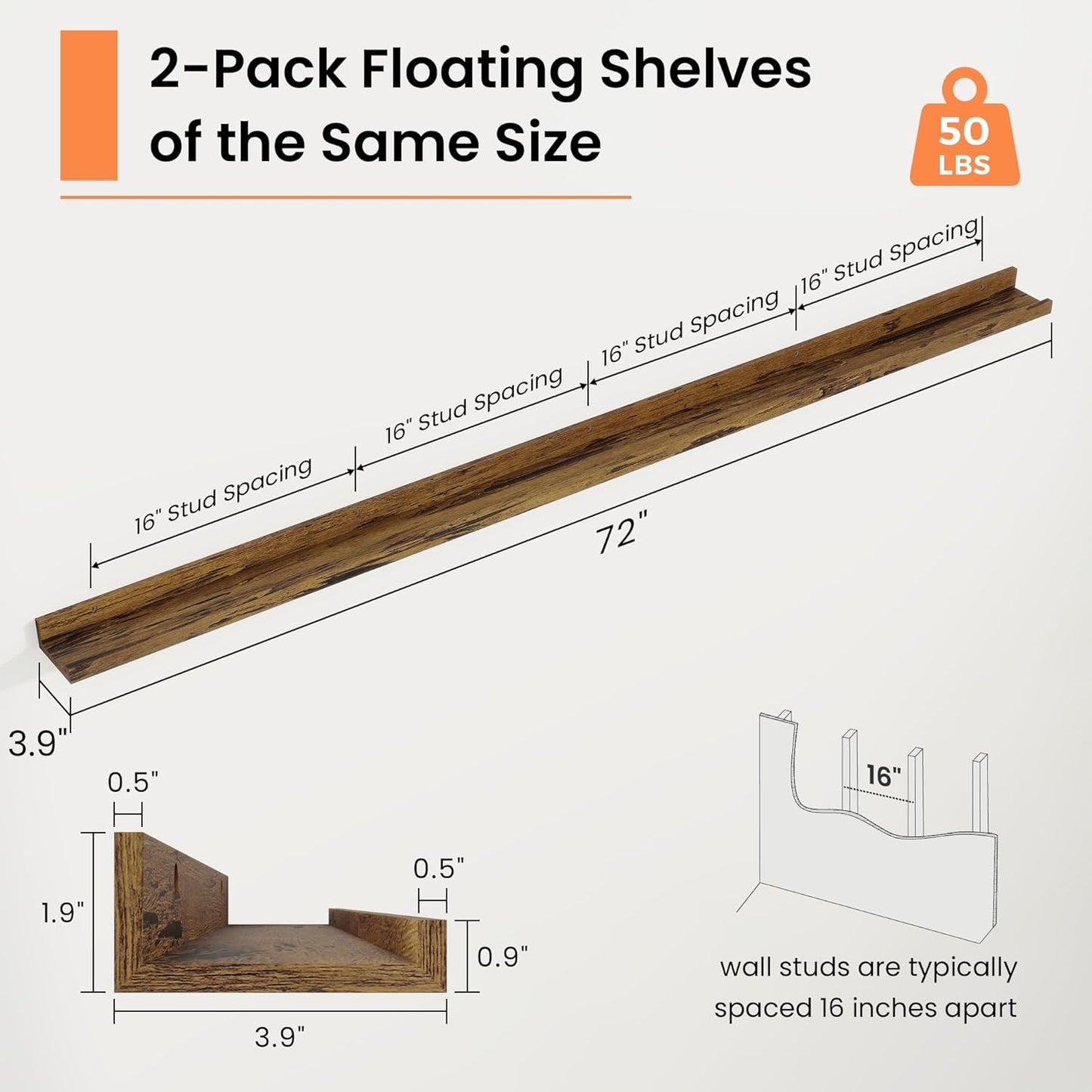RICHFOCUS Picture Ledge Shelf, 24 inch Floating Shelves Set of 2, Wood Wall Shelves with Lip, Wall Decor Storage for Bedroom Living Room Bathroom Kitchen Nursery Photo Picture, Walnut
