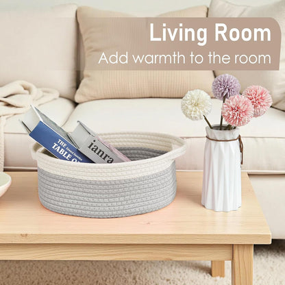 JMvicyroam Woven Basket,Small Rope Storage Bin with Handles & Ribbon Bag, Organizer for Shelves Closets,Gift Basket Empty for Birthday,Books,Dog Toys,White