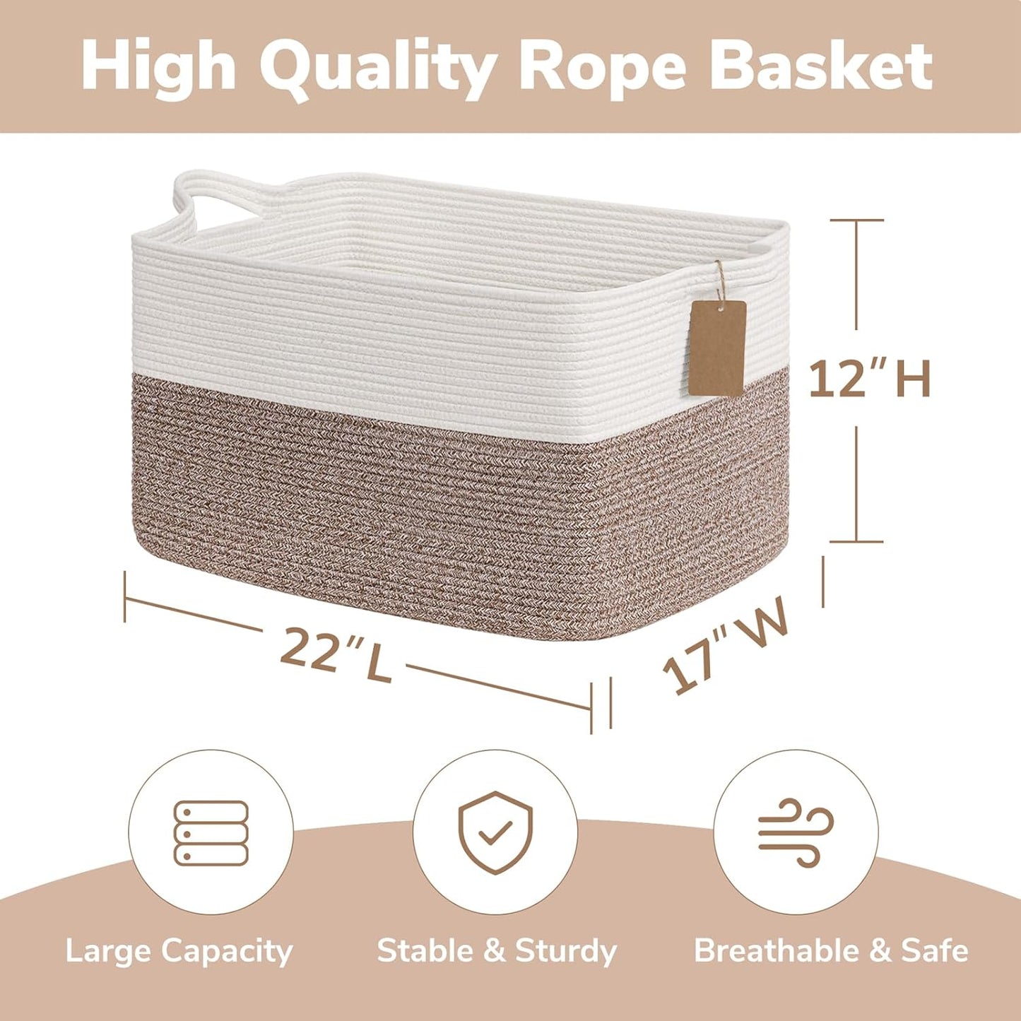 Goodpick Woven Storage Basket, Cotton Rope Basket for Dog Toys, Books, Stylish Gift Basket with Handles, 13 x 10 x 9 Inches Square Baskets for Organizing, Brown and White
