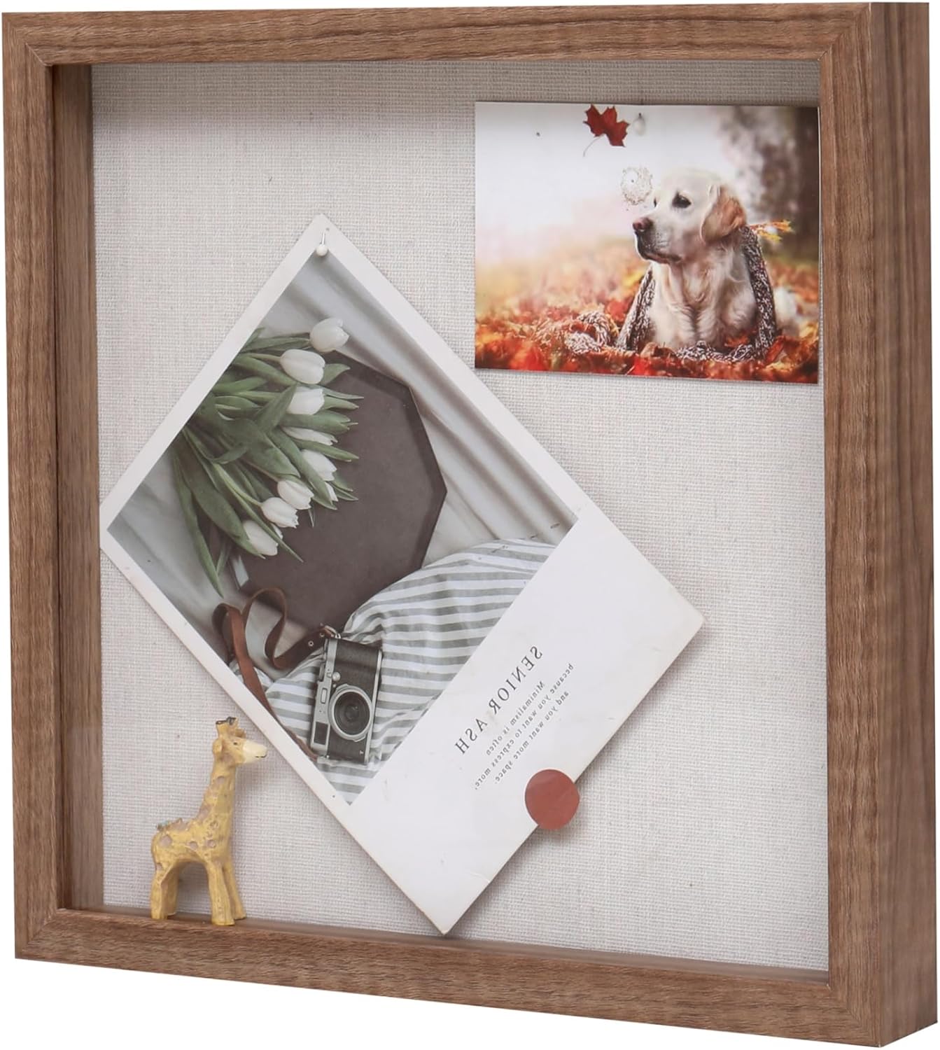 Muzilife 8x8 Shadow Box Picture Frame with Linen Board - Deep Wood & Glass Display Case Ready to Hang Memory Box Baby Sports Memorabilia, Pins, Awards, Medals, Wedding, Tickets and Photos (Black)