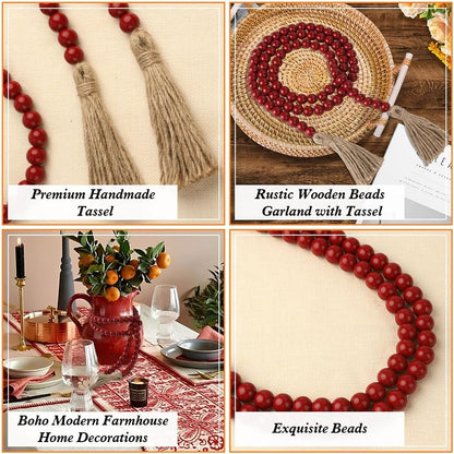 Wood Bead Garland 58 Inch Nature Wooden Beads for Boho Farmhouse Table Home Decor with Tassel, Wooden Prayer Bead, Rustic Country Boho Wall Hanging Decor for Kitchen Modern Living Room Tray Vase Shelf