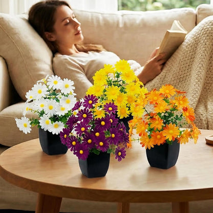 LOYWREE 4 Pack Small Artificial Mums Flowers in White Pots, Fake Mini Potted Plants, Spring Floral Decor for Home Bathroom Shelves Office Desk Table Centerpiece Indoor Decoration