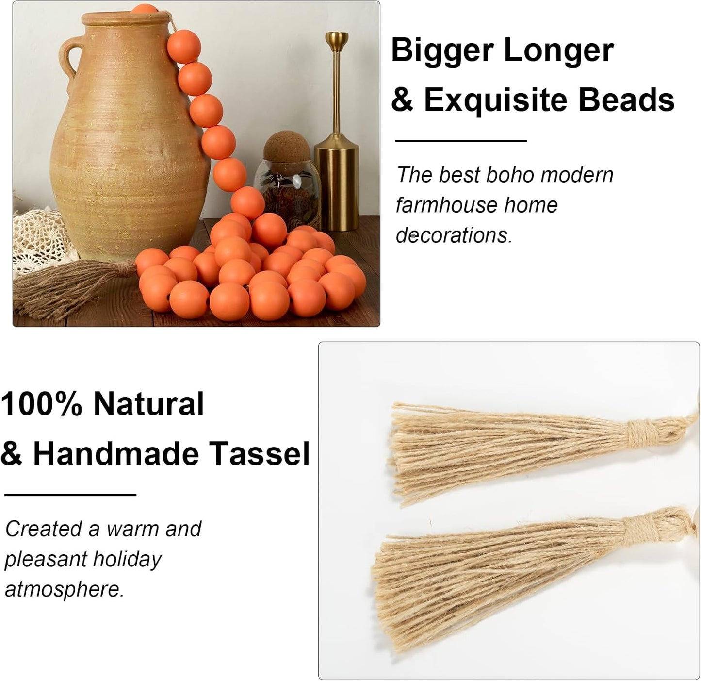 OMISHE Extra Large Wood Bead Garland with 1.6" Diameter Wooden Beads and Tassels, 41" Long Rustic Farmhouse Country Decorative Beads for Home Tiered Tray Decor, Natural Beige