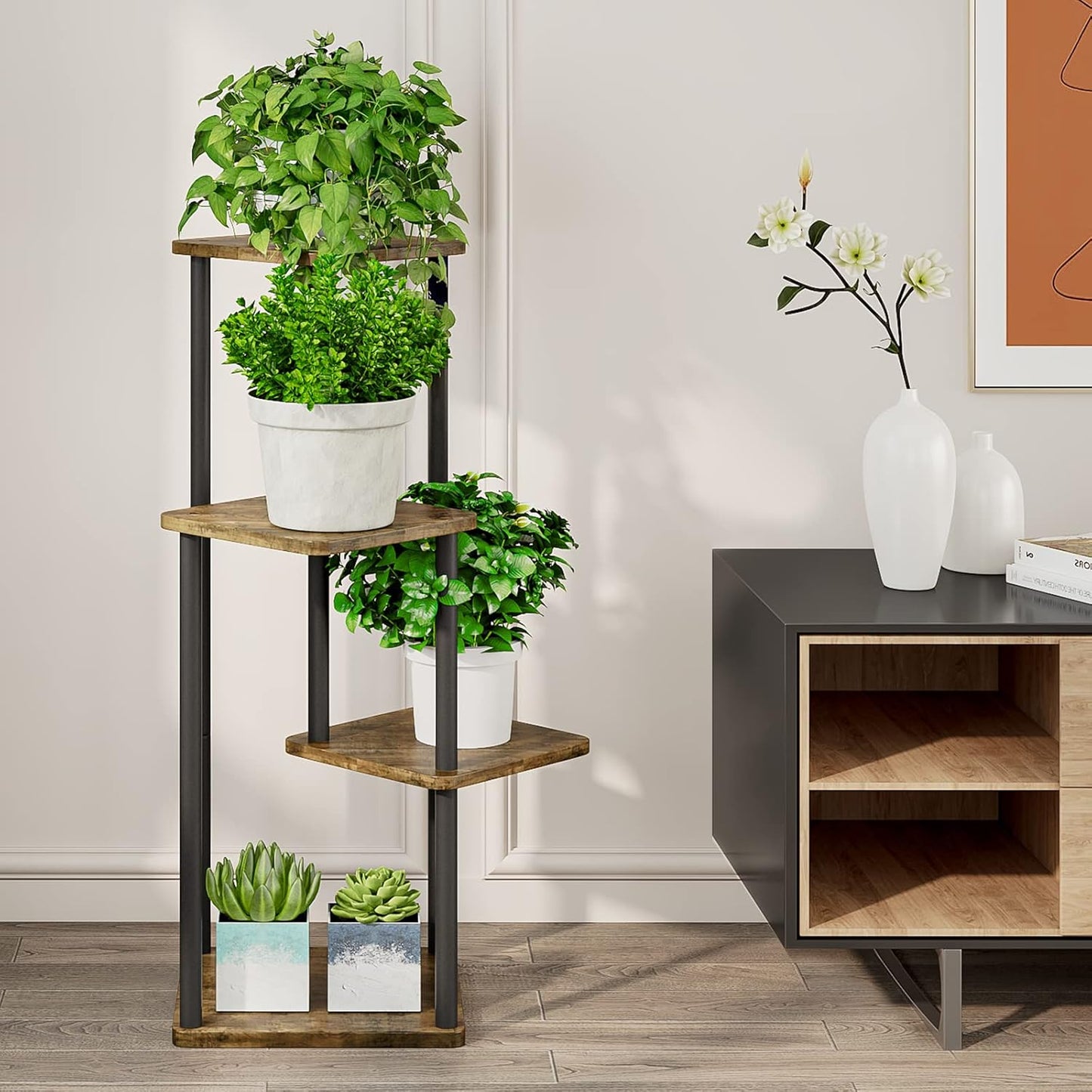 AZERPIAN Plant Stand 5 Tier Indoor Metal Flower Shelf for Multiple Plants Corner Tall Flower Holders for Patio Garden Living Room Balcony Bedroom, Black (5 Tier-Black)
