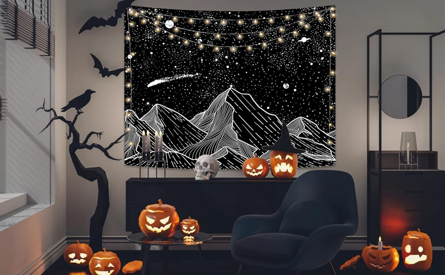 Zussun Black and White Tapestry Starry Night Mountain Tapestries for Bedroom Aesthetic Moon and Stars Tapastry's Wall Hanging Dark Nature Forest Wall Tapestry for Living Room Dorm (48'' × 36'')
