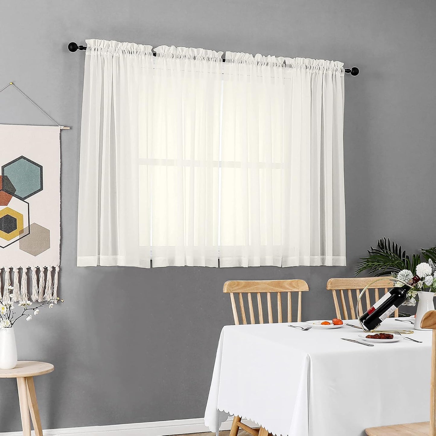 Chyhomenyc Sheer White Valances for Windows 2 Pack, Small Window Curtains for Living Room Bathroom Cafe Laundry Basement, Modern Top Dual Rod Pocket Voile Curtain, 42W x 14L inches, White - Colors C