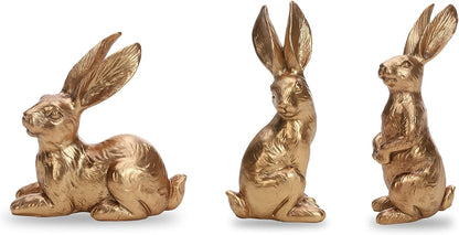 DN DECONATION Golden Polyresin Bunny Decor Rabbit Figurines, Easter Bunny Statue Set of 3 for Spring Tabletop Decor