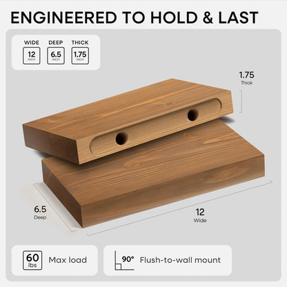 Homeforia 24 inch Natural Floating Shelf, High End Solid Real Wood 24inch Small Floating Shelves for Wall Mounted, Natural Wooden Floating Shelves, Heavy Duty Bracket, 24 X 6.5 X 1.75 in, Set of 2