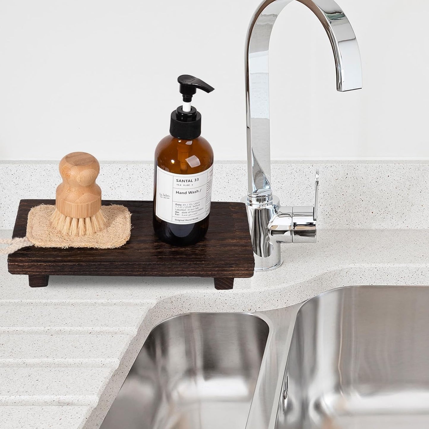 zoocatia Small Wood Tray Pedestal Stand Farmhouse Bathroom Decor Decorative Wooden Riser Kitchen Soap Dish Holder for Vanity, Counter, Sink, Brown