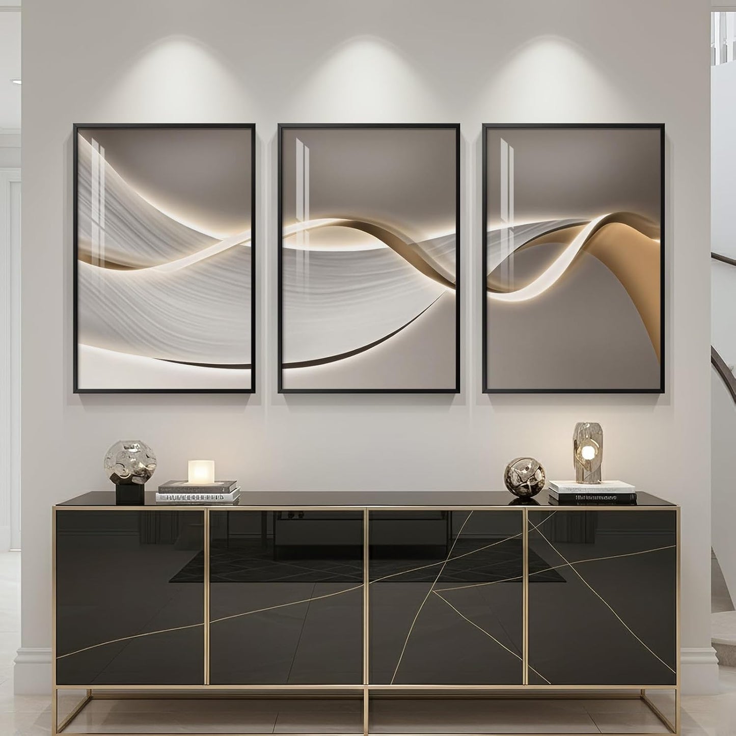 Framed Modern Luxury Gold Wall Art, Set of 3 Piece Contemporary Paintings Artwork for Walls, Golden Prints Pictures with Gold Frame, Wall Decor for Living Room, Hallway, Bedroom, Office 16x24 Inch