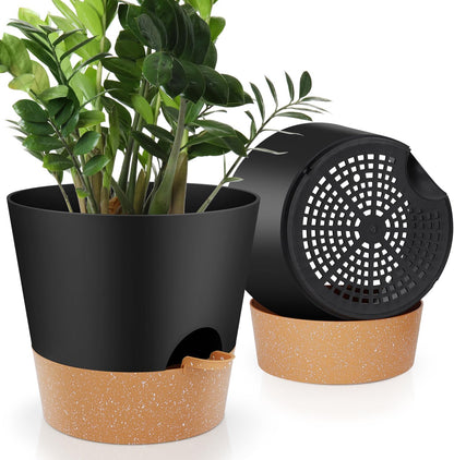 YNNICO Indoor Self Watering Planters with Drainage Holes and Saucers, 8, 7, 6.5, 6, 5.5, 5 Inches, Black, 6 Pots