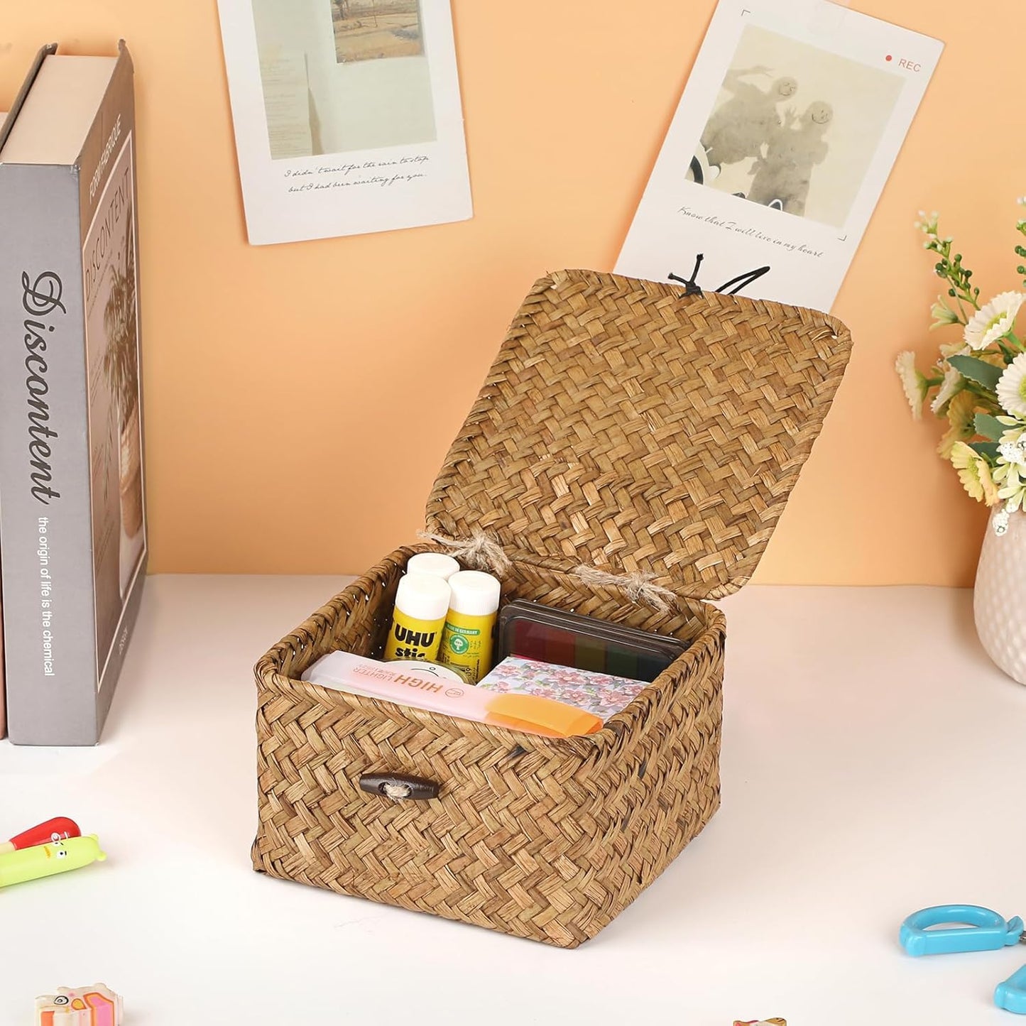 Hipiwe Seagrass Basket with Lid Wicker Storage Basket Square Handwoven Decorative Baskets Box for Shelf Multipurpose Household Baskets Home Decor,X-small
