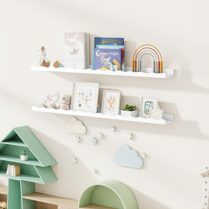 Fun Memories Picture Ledge Shelf for Wall, 24 inch Pine Wood Nursery Book Shelves Set of 2- Wall Book Shelves for Kids Room, Home Decor - Kitchen Spice-White