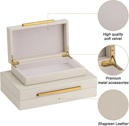 XIGEXIGE Set of 3 Beige Shagreen Decorative Storage Boxes with Black Metal Handles –Faux Leather Large Modern Stackable Nesting Jewelry Box with Lids Organizer