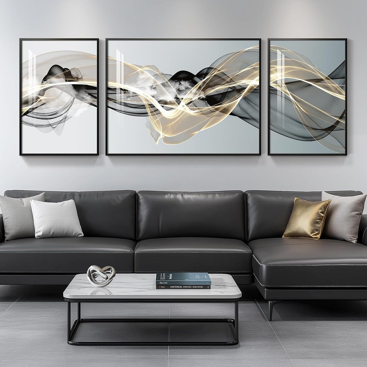 Framed Modern Luxury Gold Wall Art, Set of 3 Piece Contemporary Paintings Artwork for Walls, Golden Prints Pictures with Gold Frame, Wall Decor for Living Room, Hallway, Bedroom, Office 16x24 Inch