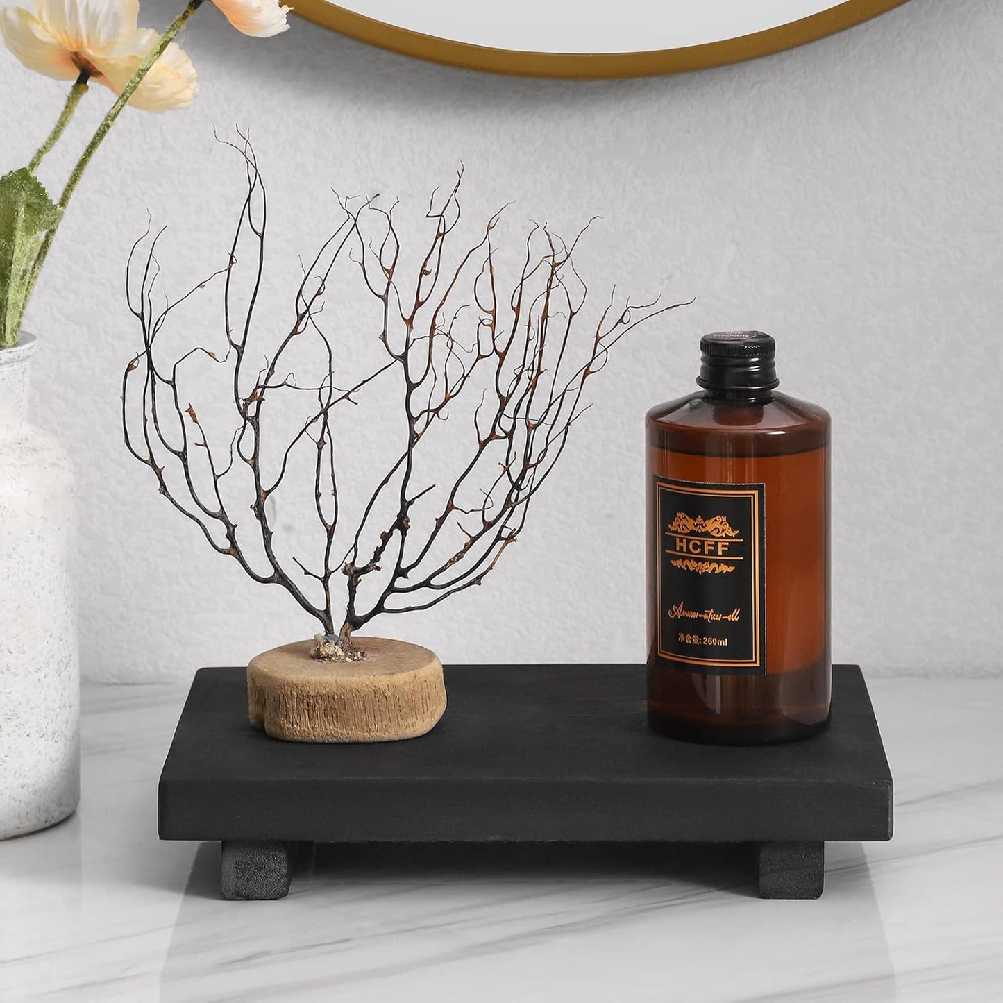 zoocatia Small Wood Tray Pedestal Stand Farmhouse Bathroom Decor Decorative Wooden Riser Kitchen Soap Dish Holder for Vanity, Counter, Sink, Brown