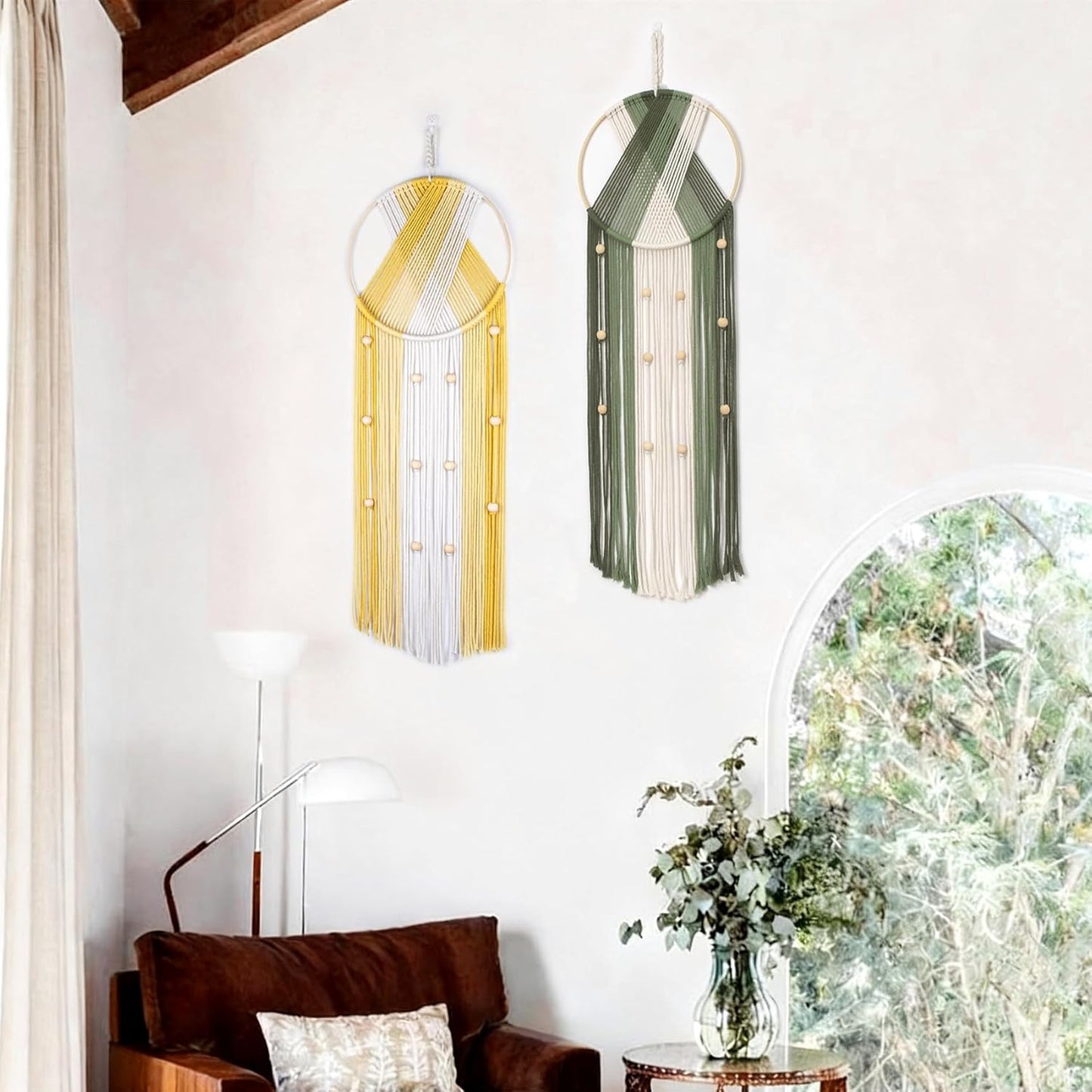 LB Boho Macrame Wall Hanging - Green and Beige Handmade Cotton Woven Decor, Modern Geometric Bohemian Tapestry Wall Decor for Bedroom Living Room Home (31.5"x9.84") Nature-Inspired Room Decor