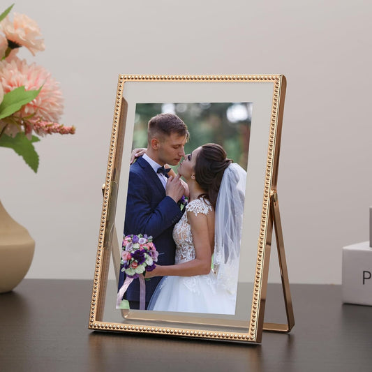 Gold 6x8'' Floating Photo Frame 2 Pack, Beaded Metal Frame Fits 3.5x5'', 4x6'' & 5x7'' Pictures, Adjustable Tabletop & Shelf Display, Elegant Wedding Gift for Home Decor