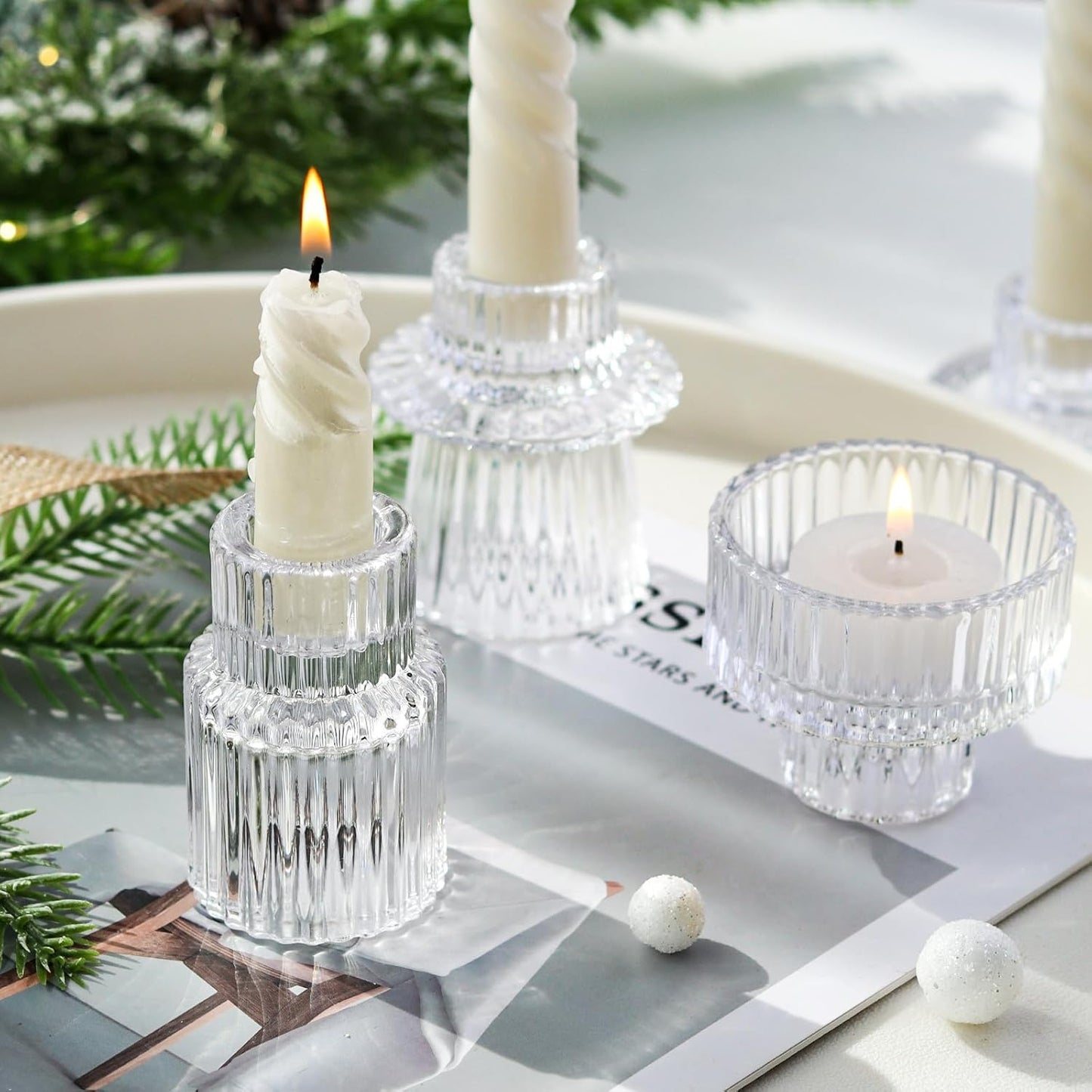 Brown Candlestick Holders 12PCS Ribbed Glass Taper Candle Holders Set for Tealight Candlestick Candles, Table Centerpieces for Thanksgiving Christmas Farmhouse Decor Indoor and Outdoor