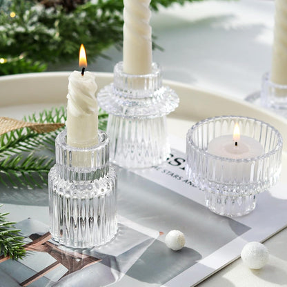 Brown Candlestick Holders 12PCS Ribbed Glass Taper Candle Holders Set for Tealight Candlestick Candles, Table Centerpieces for Thanksgiving Christmas Farmhouse Decor Indoor and Outdoor