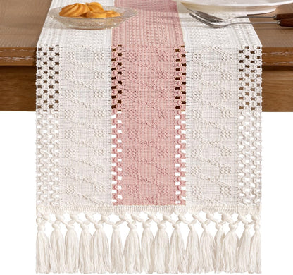 Socomi Boho Table Runner Summer Farmhouse Rustic Dining Kitchen Centerpiece Decor Small Macrame Woven Cotton Linen Coffee Table Runner for Dresser Scarf Home Decor 12x36 inch Beige