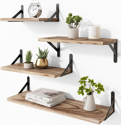 YGEOMER Floating Shelves for Wall, Different Sizes Dark Carbonized Brown Wall Shelves for Living Room, Bathroom, Bedroom, Kitchen, Home Decor (Set of 4)