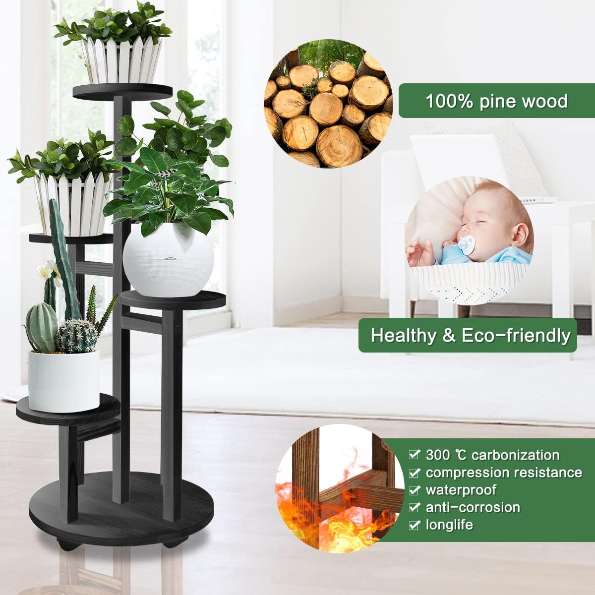 GEEBOBO 5 Tiered Tall Plant Stand for Indoor, Wood Plant Shelf Corner Display Rack, Multi-tier Planter Pot Holder Flower Stand for Living Room Balcony Garden Patio (Brown)