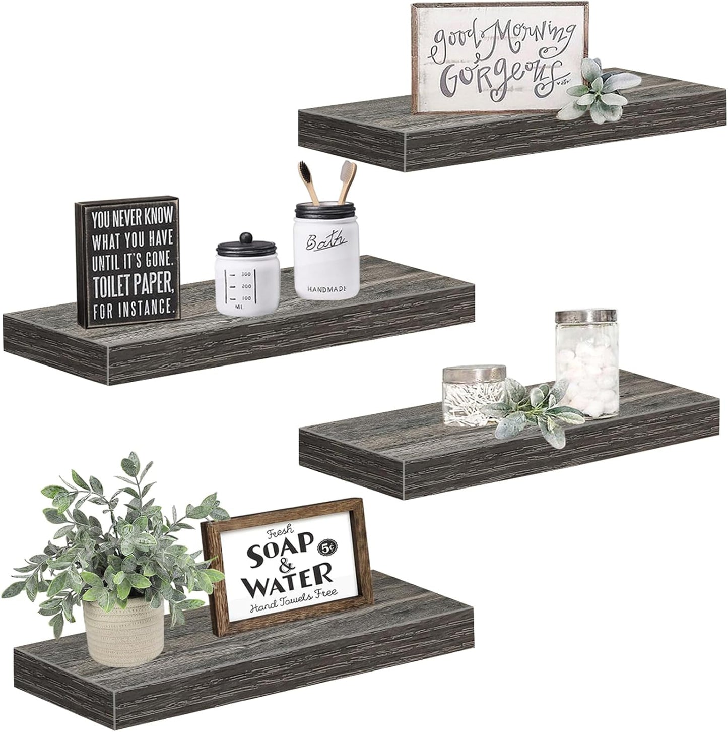 QEEIG Floating Shelves for Wall Bathroom Shelf Bedroom Kitchen Living Room Hanging Book Shelves Small Farmhouse Decor 16 inch Set of 3, Rustic Brown (015-BN3)