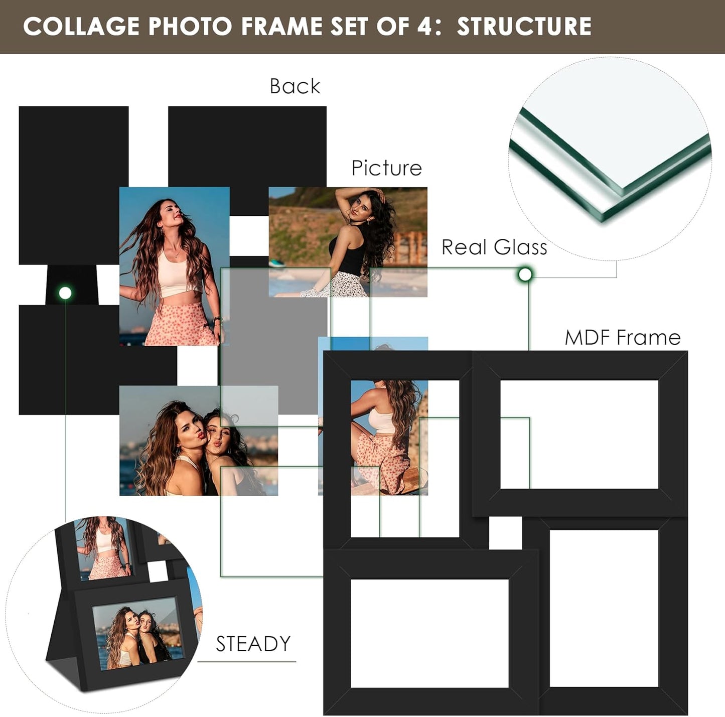 DUENPY 4x6 Collage Picture Frame Tempered Glass Front, Displays Four 4x6 Photo, Family Photo Collage Frame, Wall Decor Wall Hanging or Tabletop, Brown