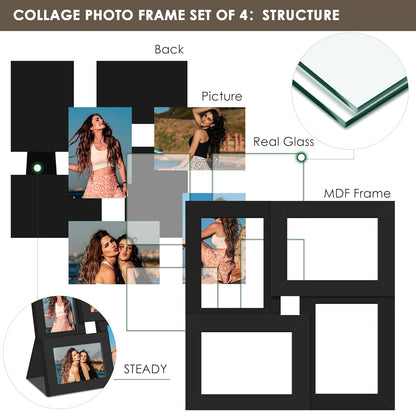 DUENPY 4x6 Collage Picture Frame Tempered Glass Front, Displays Four 4x6 Photo, Family Photo Collage Frame, Wall Decor Wall Hanging or Tabletop, Brown