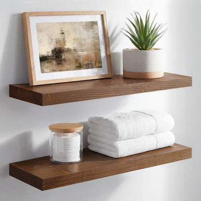 Homeforia 24 inch Natural Floating Shelf, High End Solid Real Wood 24inch Small Floating Shelves for Wall Mounted, Natural Wooden Floating Shelves, Heavy Duty Bracket, 24 X 6.5 X 1.75 in, Set of 2