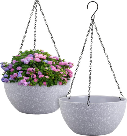 Meowell 10 inch Hanging Planters for Indoor Outdoor Plants, 2 Pack Hanging Flower Pots with Drainage Holes and Chain for Garden Porch, Plastic Hanging Baskets for House Plants, Speckled Grey