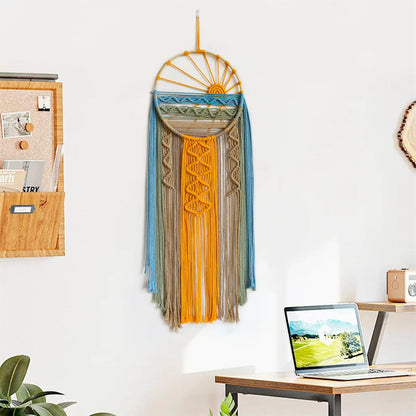 LB Boho Macrame Wall Hanging - Green and Beige Handmade Cotton Woven Decor, Modern Geometric Bohemian Tapestry Wall Decor for Bedroom Living Room Home (31.5"x9.84") Nature-Inspired Room Decor