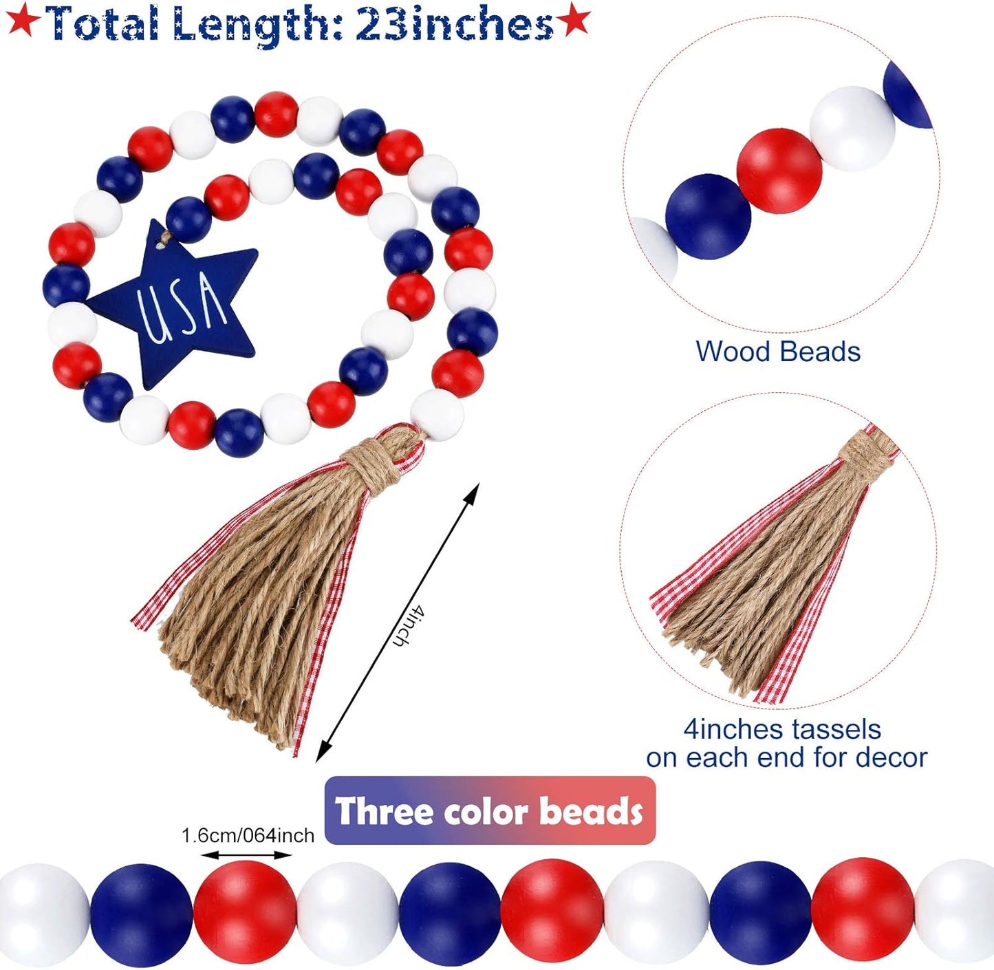 3 Pieces Independence Day Wood Bead Garland with Rustic Tassels 250 Th 4 of July USA Patriotic Wood Bead with American Flag and Wooden Heart Sign for Farmhouse Wall Hanging Prayer Beads Boho Decor