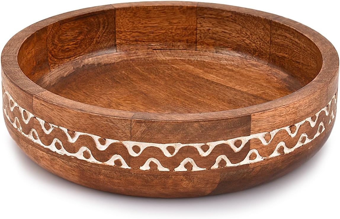 Samhita Mango Wood Round White Decorative Bowls for Rustic Home Decor Table Centerpieces Home Party Wedding Décor (10" x 10" x 2.5")