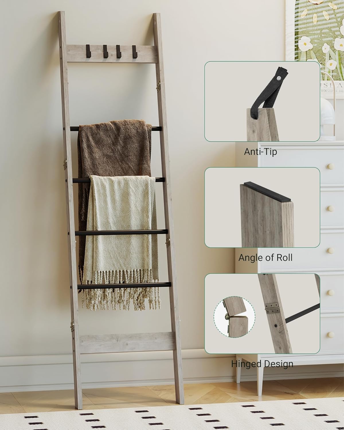 Hzuaneri Blanket Ladder for Living Room, Decorative Quilt Rack with 4 Removable Hooks, 5-Tier Farmhouse Ladder Holder Shelf Organizer for Bedroom, Rustic Brown and Black 02101BBR