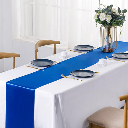 SiinvdaBZX 4 Pcs Royal Blue Satin Table Runner 12 x 108 inches Long, Bright Smooth Satin Wedding Table Runner Decorations for Birthday Parties, Buffet, Banquets, Graduations, Engagements