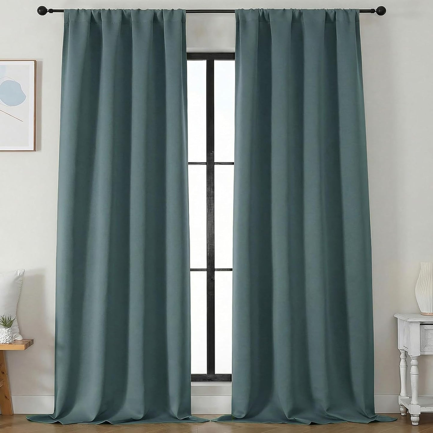 Simplebrand Ava Sage Green Blackout Curtains for Bedroom 63 Inch Length 2 Panels Set, Solid Thermal Insulated Energy Saving Rod Pocket Window Treatment Curtains Blackout Drapes, W40 x L63 Inch, Sage - Colors B