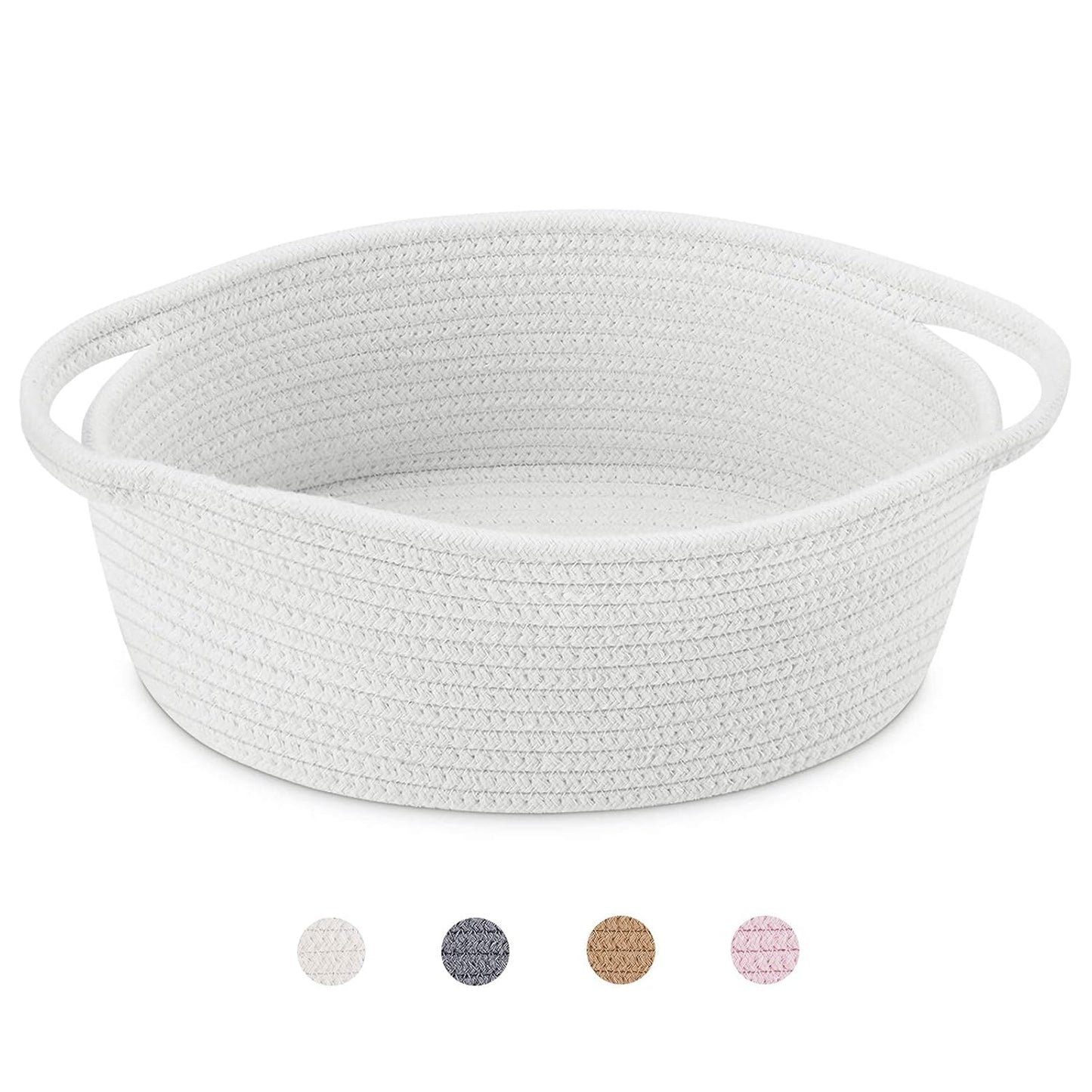 ABenkle Small Basket with Handles, Boho Decorative Rope Woven Dog Cat Toy Storage Bin Shelf Storage Organizer, Easter Christmas Gift Basket, 12"x8"x5", White
