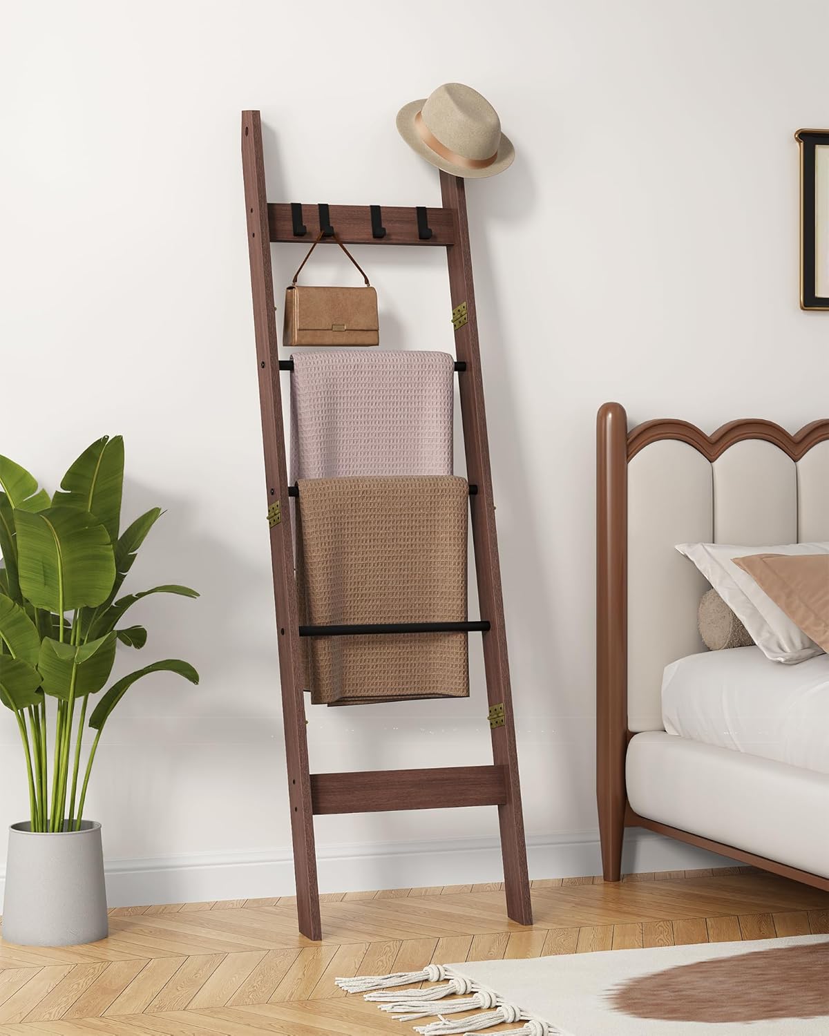 Hzuaneri Blanket Ladder for Living Room, Decorative Quilt Rack with 4 Removable Hooks, 5-Tier Farmhouse Ladder Holder Shelf Organizer for Bedroom, Rustic Brown and Black 02101BBR