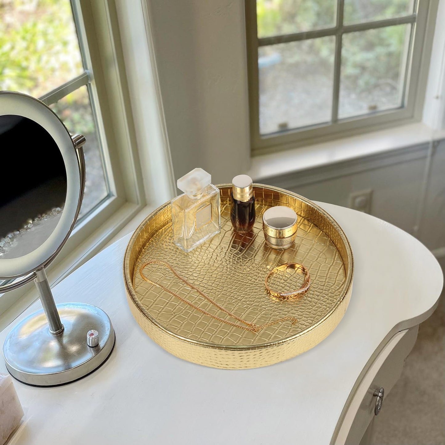HofferRuffer Round Serving Tray 20'', Elegant Faux Leather Circle Ottoman Table Tray, Serve Tea Coffee Breakfast in Bedroom Living Room Kitchen (Brown)