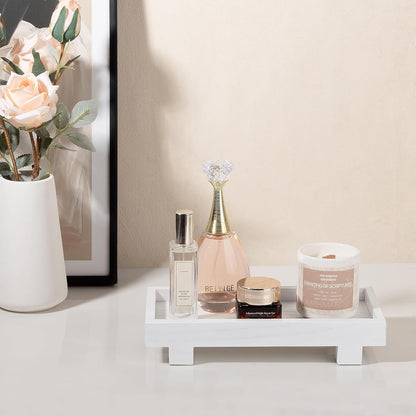 Decorative Tray Small Pedestal Stand Farmhouse Bathroom Decor Wooden Riser Display Stand for Vanity, Kitchen Countertop, Sink, 9.4 * 4.7 White