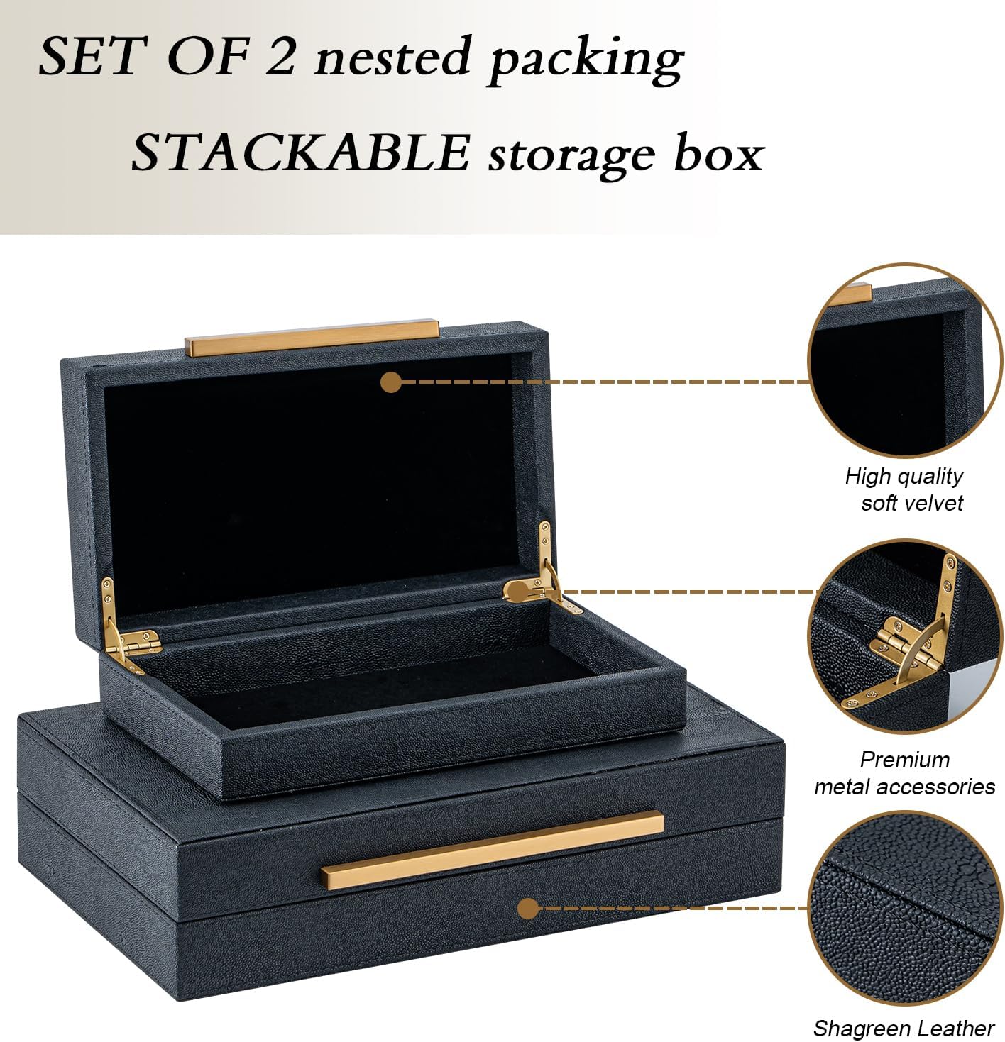 Set of 2 Beige Shagreen Decorative Storage Boxes with Gold Metal Handles – Faux Leather Jewelry & Memory Boxes, Nesting Photo Organizers for Home Decor